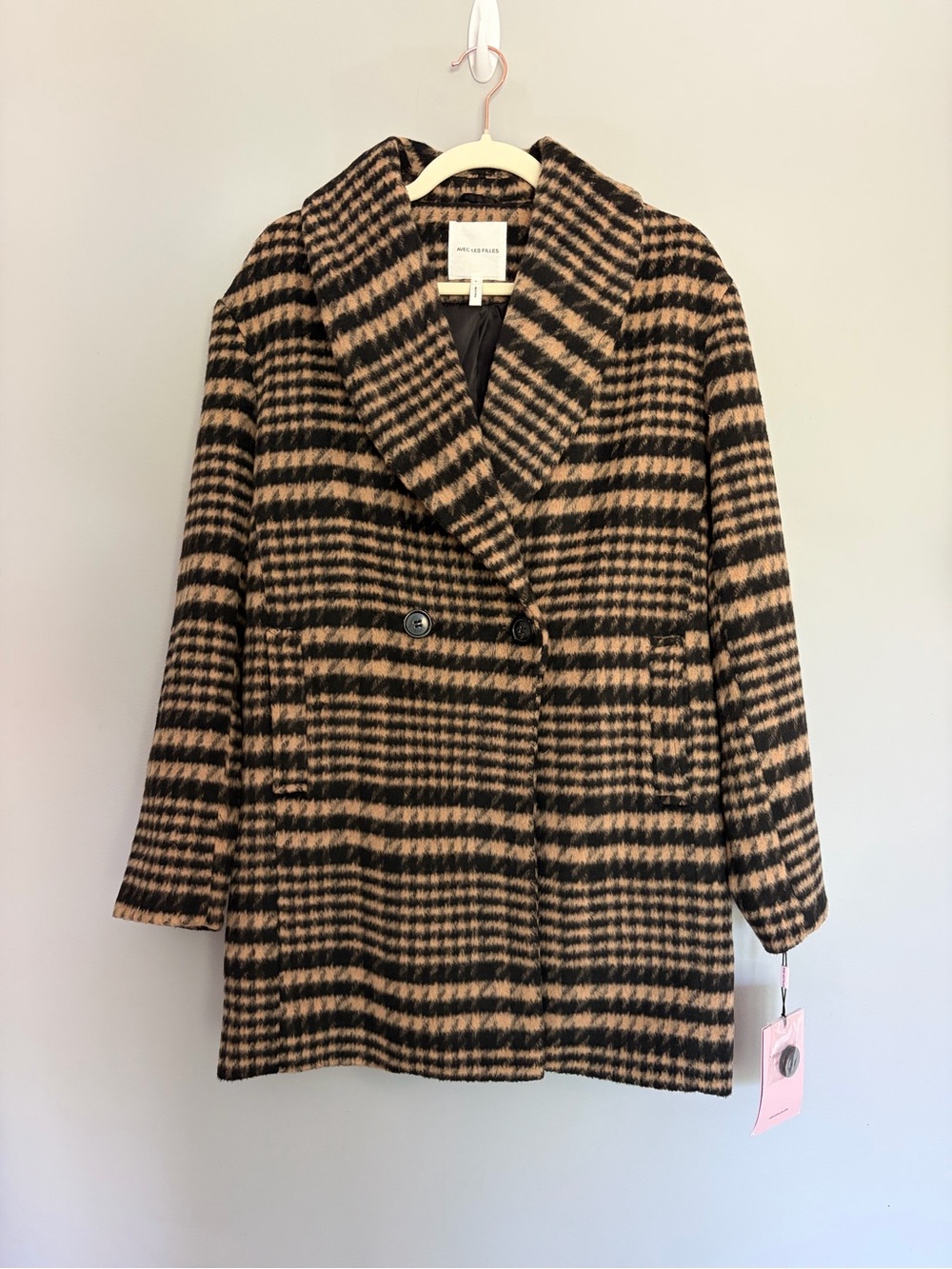 NWT AVEC LES FILLES Coat Sz S Black Tan Wool Houndstooth Plaid ANTHROPOLOGIE